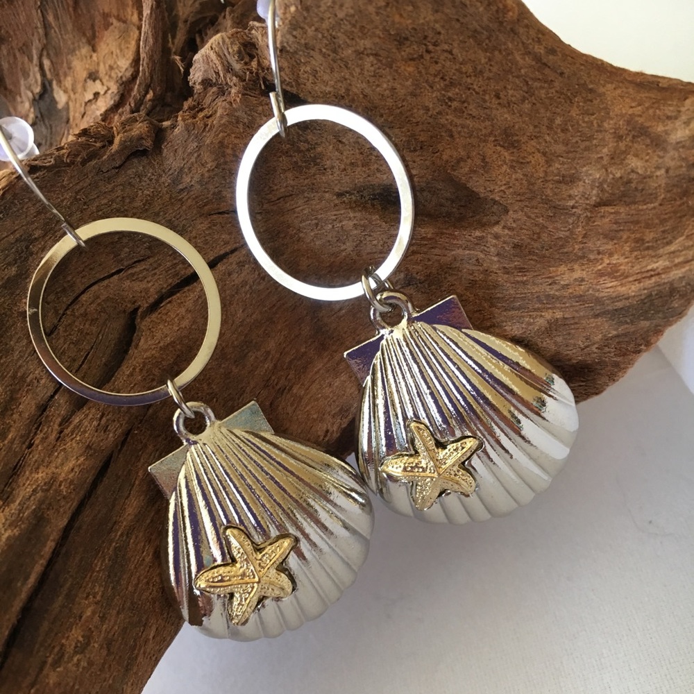 Silver Tone Seashell and Gold Starfish Earrings